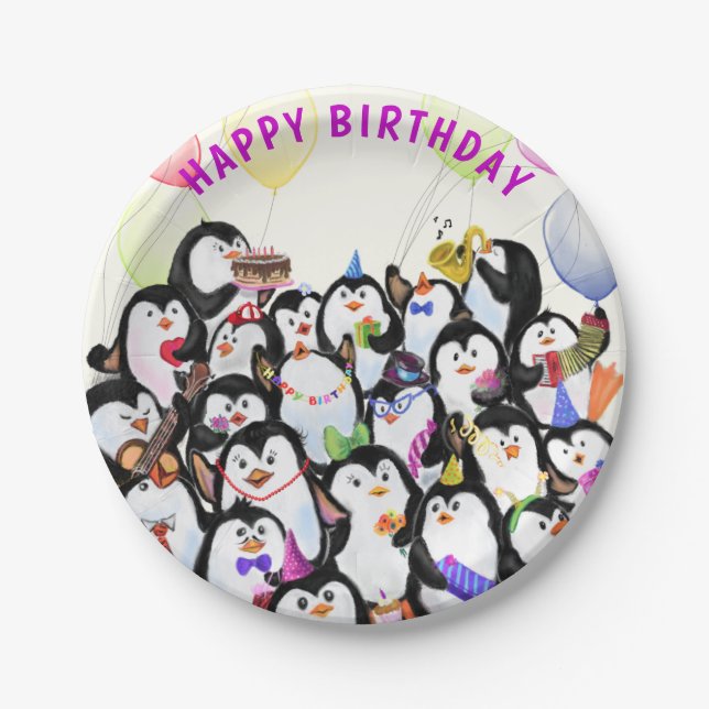 Happy Birthday Penguin Paper Plates (Front)