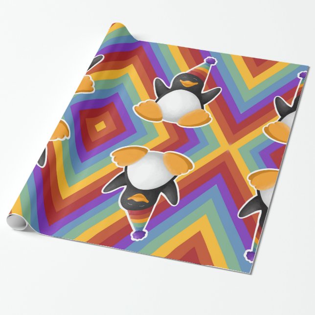 Happy Birthday Penguin Rainbow Wrapping Paper (Unrolled)