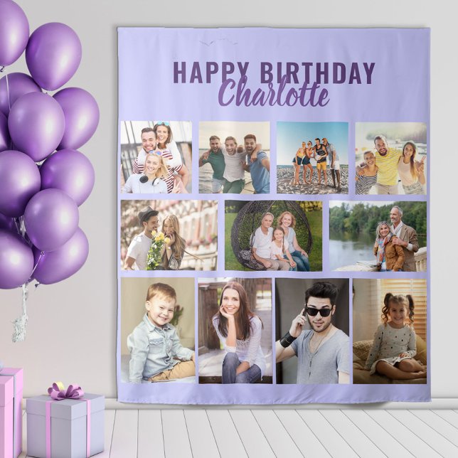 Happy Birthday Personalized 11 Photo Collage Lilac Tapestry (Creator Uploaded)