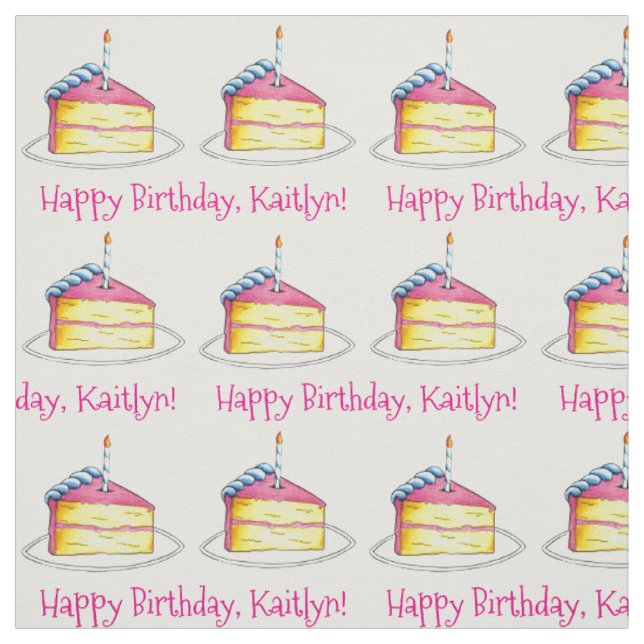 Happy Birthday Personalized Bday Cake Slice Pink Fabric (Swatch)