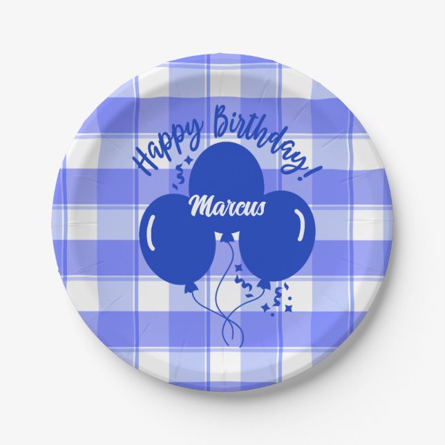 Happy Birthday Personalized Blue Balloons Checked Paper Plate (Front)