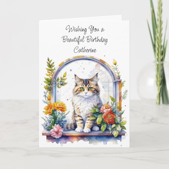 Happy Birthday Personalized Cute Cat Card (Front)