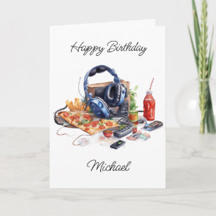 Happy Birthday Personalized Gaming and Pizza Card