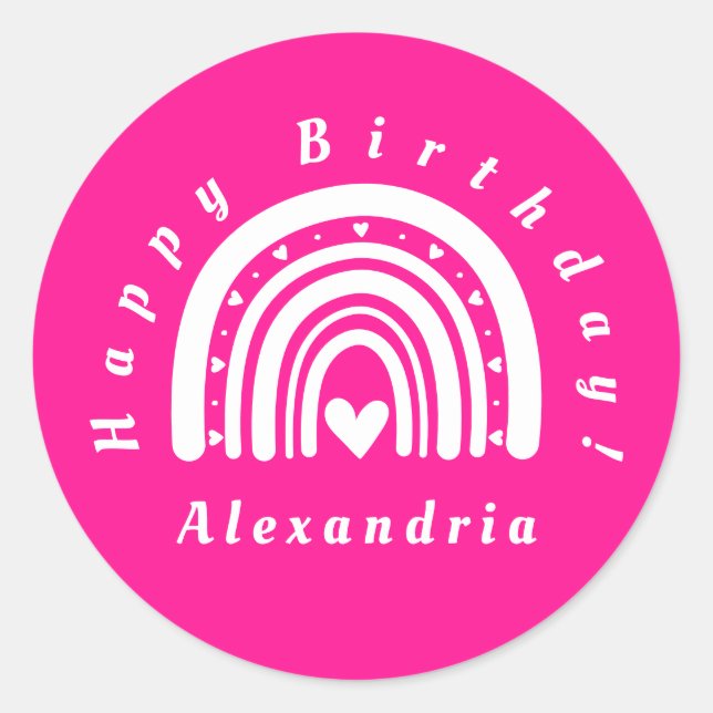 Happy Birthday Personalized Hot Pink Rainbow Classic Round Sticker (Front)