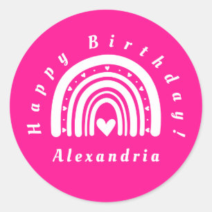 Happy Birthday Personalized Hot Pink Rainbow Classic Round Sticker