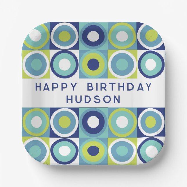 Happy Birthday Personalized Modern Geometric  Paper Plate (Front)