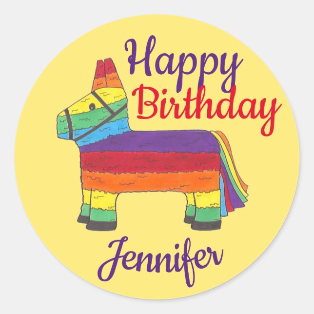 Happy Birthday Personalized Rainbow Donkey Pinata Classic Round Sticker (Front)