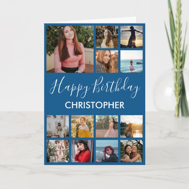Happy Birthday Photo Collage 13 Photos Blue Card (Front)