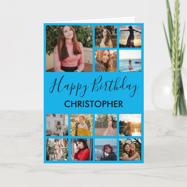 Happy Birthday Photo Collage 13 Photos Blue Card (Front)