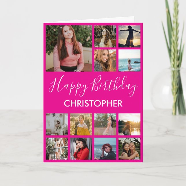 Happy Birthday Photo Collage 13 Photos Hot Pink Card (Front)