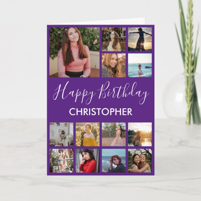 Happy Birthday Photo Collage 13 Photos Purple Card (Front)