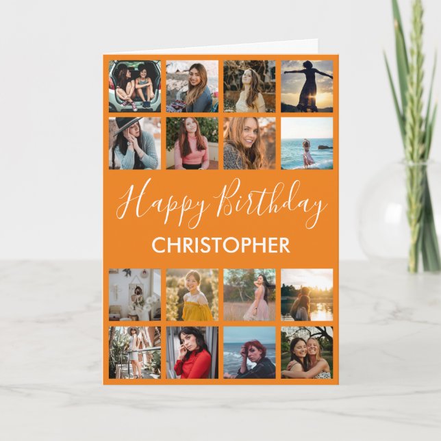 Happy Birthday Photo Collage 16 Photos Orange Card (Front)