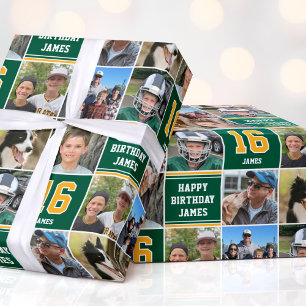 Happy Birthday Photo Collage Any Age Green Yellow Wrapping Paper