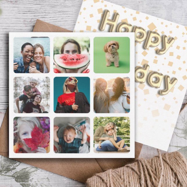 Happy Birthday Photo Collage & Gold Balloon Text  Holiday Card (Creator Uploaded)
