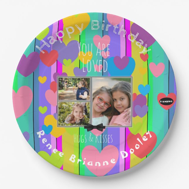 Happy Birthday Photo Colourful Hearts HAMbWG Paper Paper Plate (Front)