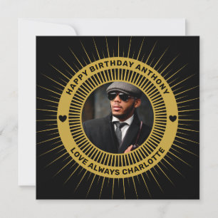 Happy Birthday Photo Gold Black Modern Card