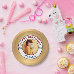 Happy Birthday Photo Gold Elegant Personalize   Paper Plate