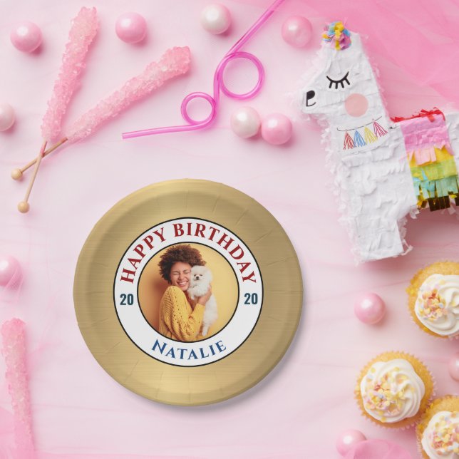 Happy Birthday Photo Gold Elegant Personalize   Paper Plate (Party)