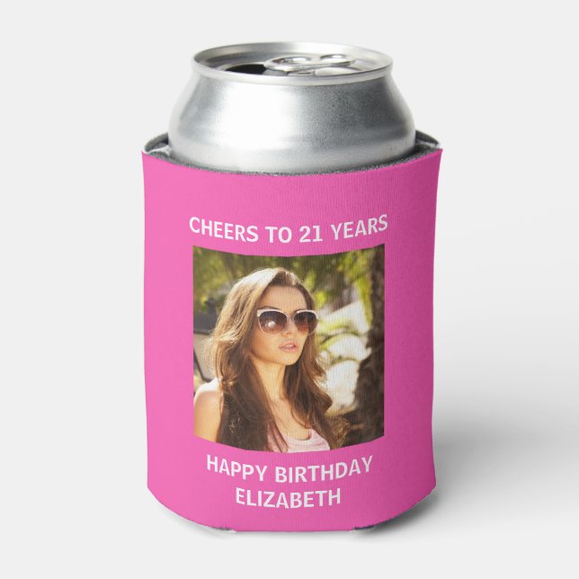 Happy Birthday Photo Hot Pink Can Cooler (Can Front)