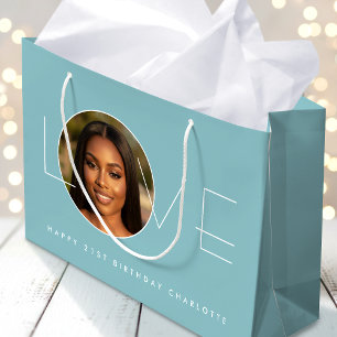 Happy Birthday Photo Love Typography Chic Blue Large Gift Bag