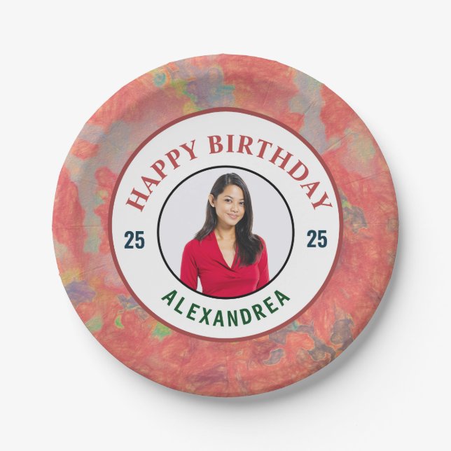 Happy Birthday Photo Modern Elegant Personalize  Paper Plate (Front)