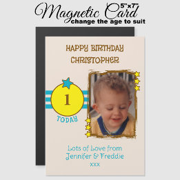 Happy Birthday photo name age blue magnetic card