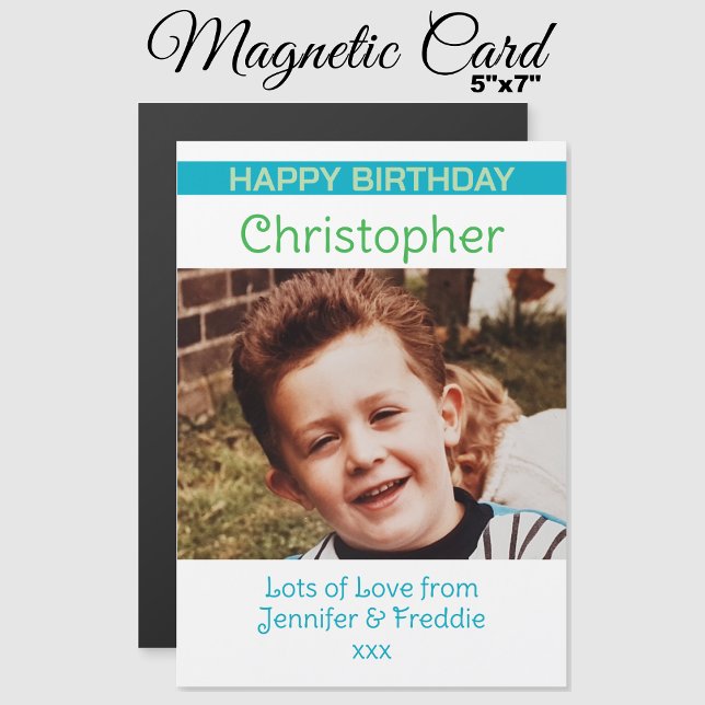Happy Birthday photo name blue magnetic card (Creator Uploaded)