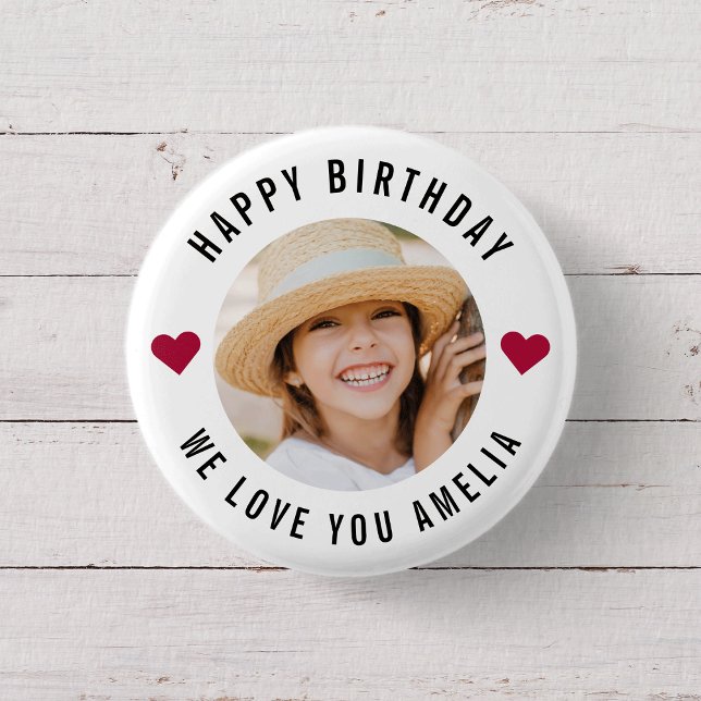 Happy Birthday Photo Simple Chic Modern Hearts 1 Inch Round Button (Creator Uploaded)