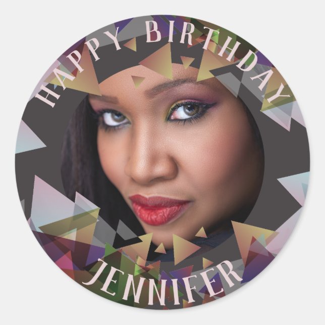 Happy Birthday PHOTO Stickers Mauve Taupe Polygon (Front)