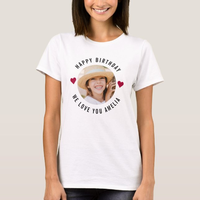 Happy Birthday Photo Trendy Chic Modern Hearts T-Shirt (Front)