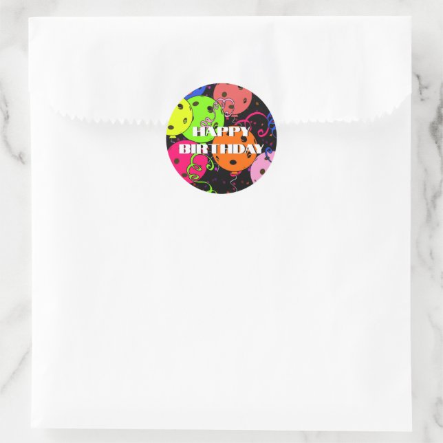 Happy Birthday Pickleball Balloons Confetti Black  Classic Round Sticker (Bag)
