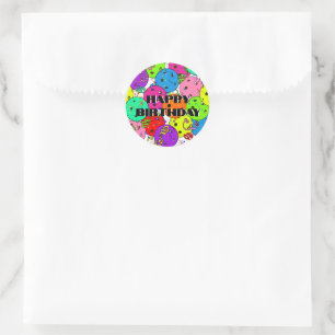 Happy Birthday Pickleball Balloons Confetti White Classic Round Sticker