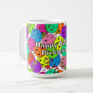 Happy Birthday Pickleball Balloons Confetti White Coffee Mug