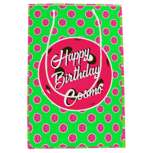 Happy Birthday Pickleball Pink Balls on Green  Medium Gift Bag