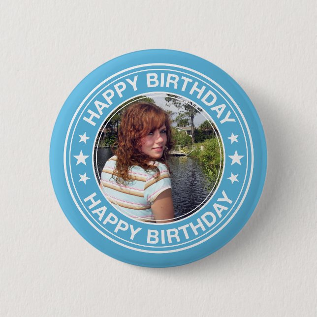 Happy Birthday Picture Frame in Blue 2 Inch Round Button (Front)