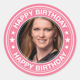 Happy Birthday picture Frame in Pink Classic Round Sticker