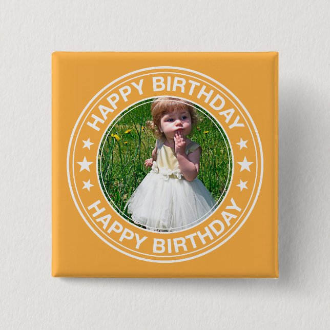 Happy Birthday picture Frame in Yellow 2 Inch Square Button (Front)