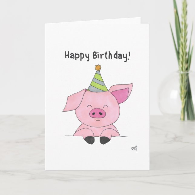 Happy Birthday Pig in Party Hat Card (Front)