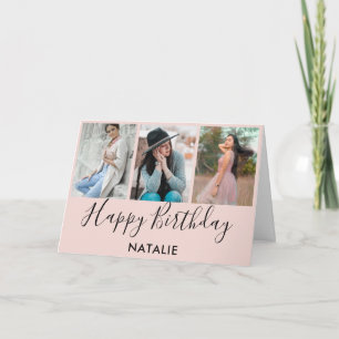 Happy Birthday Pink and Black 3 Photo Collage Card