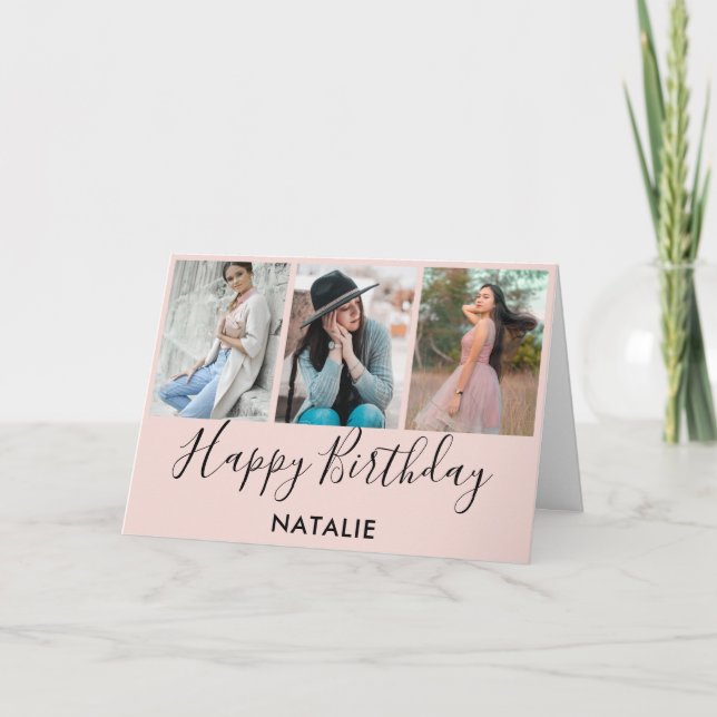 Happy Birthday Pink and Black 3 Photo Collage Card (Front)
