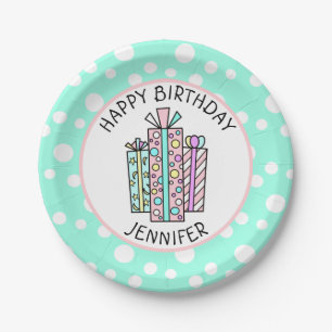 Happy Birthday Pink and Mint Green Girl's Paper Pl Plate