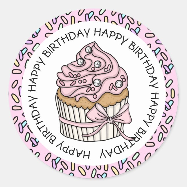 Happy Birthday Pink and Vanilla Cupcake    Classic Round Sticker (Front)