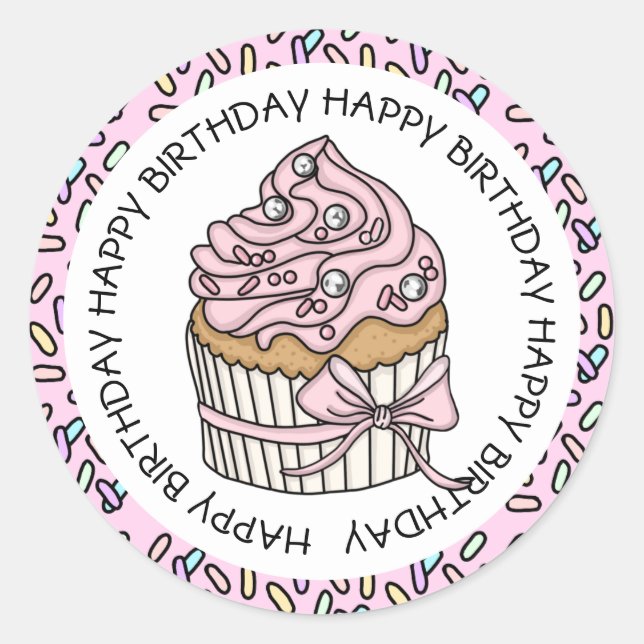 Happy Birthday Pink and Vanilla Cupcake   Classic Round Sticker (Front)