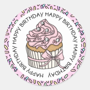 Happy Birthday Pink and Vanilla Cupcake   Classic Round Sticker