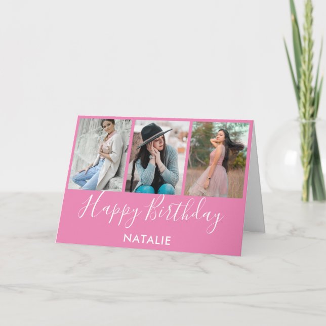 Happy Birthday Pink and White 3 Photo Collage Card (Front)