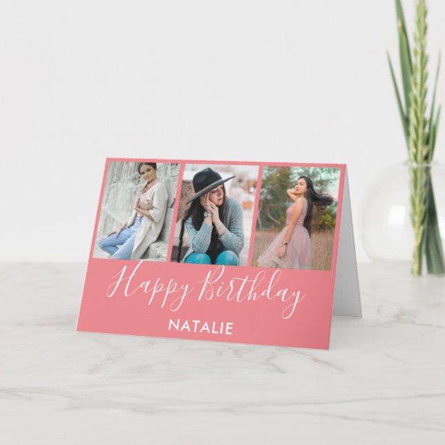 Happy Birthday Pink and White 3 Photo Collage Card (Front)