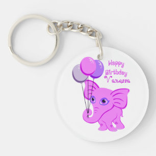 Happy Birthday Pink Baby Elephant Custom Name Keychain
