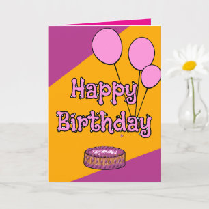 Happy birthday pink balloons and cake design card