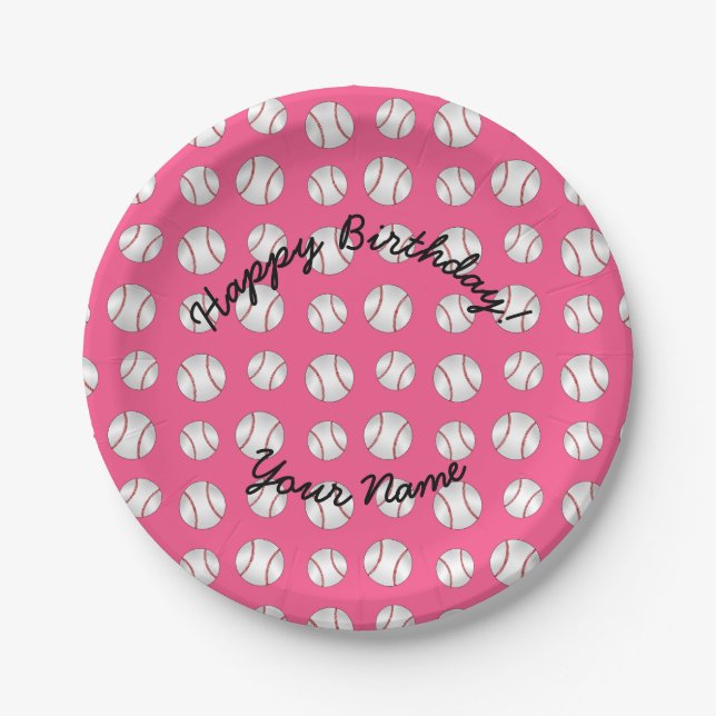 Happy Birthday pink baseball Paper Plate (Front)