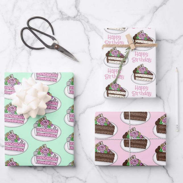 Happy Birthday Pink Birthday Cake Wrapping Paper Sheet (Front)